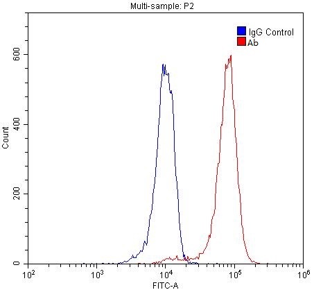 1X10^6 SH-SY5Y cells were stained with 0.2ug TDP-43 antibody (Catalog No:115927, red) and control antibody (blue). Fixed with 4% PFA blocked with 3% BSA (30 min). Alexa Fluor 488-congugated AffiniPure Goat Anti-Rabbit IgG(H+L) with dilution 1:1500.