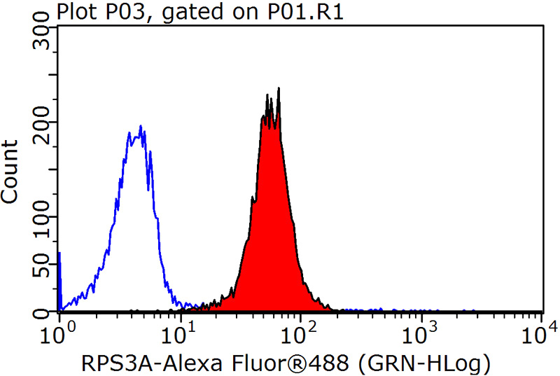 1X10^6 HepG2 cells were stained with 0.2ug RPS3A antibody (Catalog No:114907, red) and control antibody (blue). Fixed with 90% MeOH blocked with 3% BSA (30 min). Alexa Fluor 488-congugated AffiniPure Goat Anti-Rabbit IgG(H+L) with dilution 1:1500.