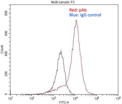 1X10^6 PC-3 cells were stained with 0.2ug C5AR1 antibody (Catalog No:108734, red) and control antibody (blue). Fixed with 4% PFA blocked with 3% BSA (30 min). Alexa Fluor 488-congugated AffiniPure Goat Anti-Rabbit IgG(H+L) with dilution 1:1500.