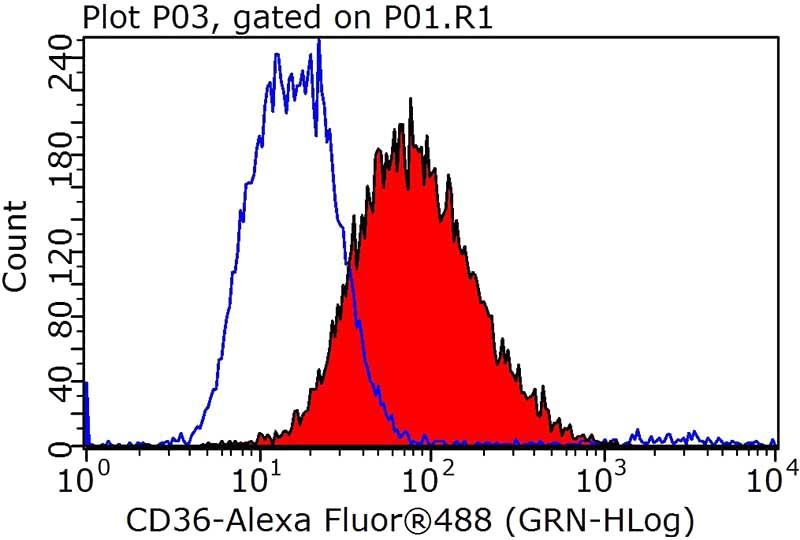 1X10^6 RAW 264.7 cells were stained with 0.2ug CD36 antibody (Catalog No:109031, red) and control antibody (blue). Fixed with 90% MeOH blocked with 3% BSA (30 min). Alexa Fluor 488-congugated AffiniPure Goat Anti-Rabbit IgG(H+L) with dilution 1:1000.