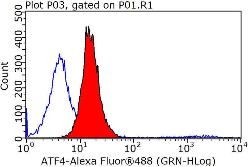 1X10^6 MCF-7 cells were stained with 0.2ug ATF4 antibody (Catalog No:108285, red) and control antibody (blue). Fixed with 90% MeOH blocked with 3% BSA (30 min). Alexa Fluor 488-congugated AffiniPure Goat Anti-Rabbit IgG(H+L) with dilution 1:1000.