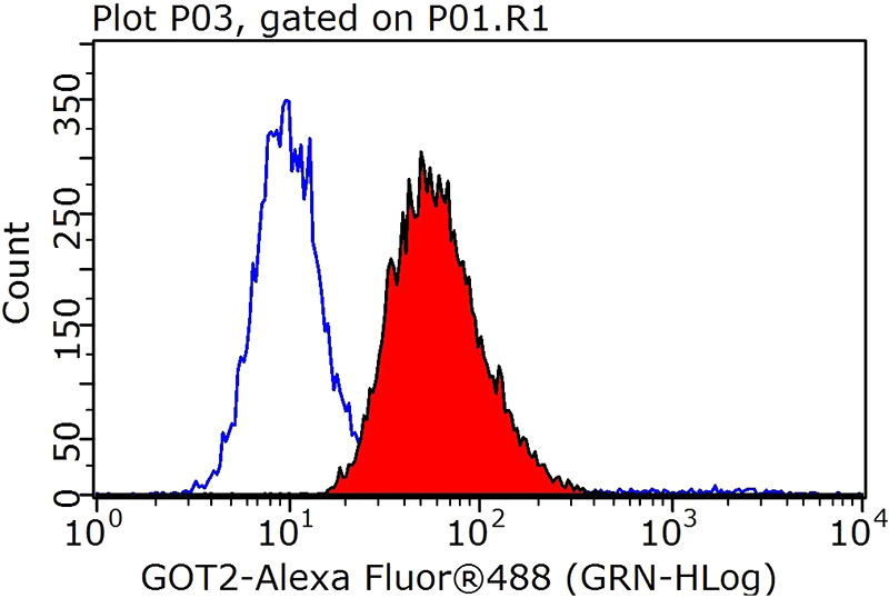 1X10^6 HEK-293 cells were stained with 0.2ug GOT2 antibody (Catalog No:111051, red) and control antibody (blue). Fixed with 90% MeOH blocked with 3% BSA (30 min). Alexa Fluor 488-congugated AffiniPure Goat Anti-Rabbit IgG(H+L) with dilution 1:1000.