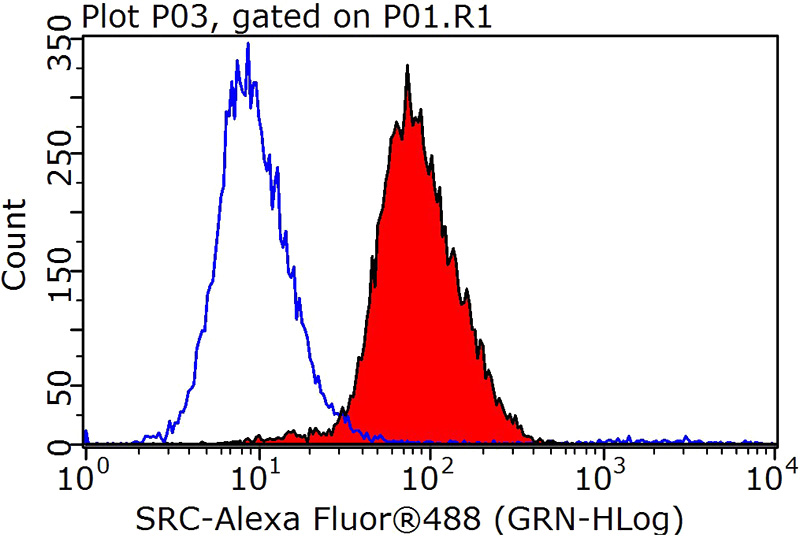 1X10^6 SH-SY5Y cells were stained with 0.2ug c-SRC antibody (Catalog No:115665, red) and control antibody (blue). Fixed with 90% MeOH blocked with 3% BSA (30 min). Alexa Fluor 488-congugated AffiniPure Goat Anti-Rabbit IgG(H+L) with dilution 1:1000.