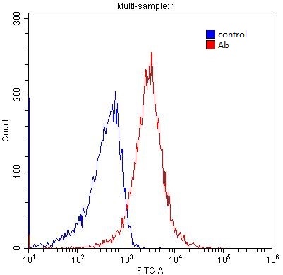 1X10^6 HEK-293 cells were stained with 0.2ug GPR101-Specific antibody (Catalog No:111069, red) and control antibody (blue). Fixed with blocked with 3% BSA (30 min). Alexa Fluor 488-congugated AffiniPure Goat Anti-Rabbit IgG(H+L) with dilution 1:1500.