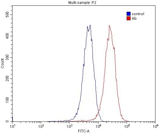 1X10^6 HUVEC cells were stained with 0.2ug PDPN,D2-40,M2A antibody (Catalog No:113989, red) and control antibody (blue). Fixed with 4% PFA blocked with 3% BSA (30 min). Alexa Fluor 488-congugated AffiniPure Goat Anti-Rabbit IgG(H+L) with dilution 1:1500.