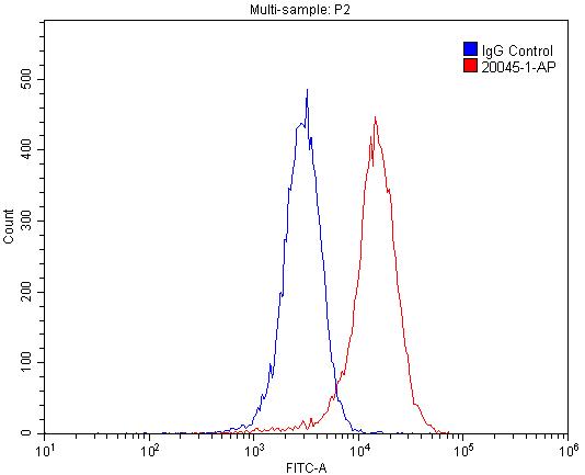 1X10^6 HepG2 cells were stained with .2ug LPHN3 antibody (Catalog No:112303, red) and control antibody (blue). Fixed with 4% PFA blocked with 3% BSA (30 min). Alexa Fluor 488-congugated AffiniPure Goat Anti-Rabbit IgG(H+L) with dilution 1:1500.
