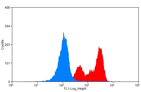 1X10^6 HeLa cells were stained with 0.2ug ANXA5 antibody (Catalog No:107058, red) and control antibody (blue). Fixed with 90% MeOH blocked with 3% BSA (30 min). Alexa Fluor 488-congugated AffiniPure Goat Anti-Mouse IgG(H+L) with dilution 1:1500.