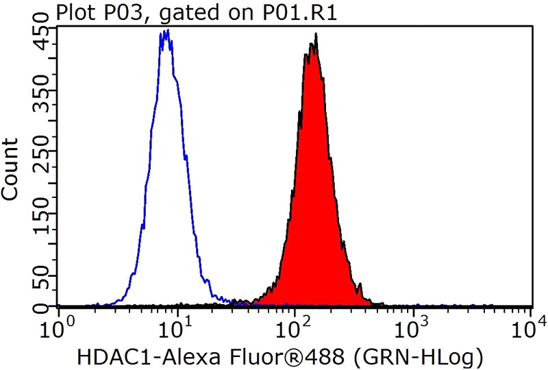 1X10^6 HeLa cells were stained with 0.2ug HDAC1 antibody (Catalog No:111370, red) and control antibody (blue). Fixed with 90% MeOH blocked with 3% BSA (30 min). Alexa Fluor 488-congugated AffiniPure Goat Anti-Rabbit IgG(H+L) with dilution 1:1000.