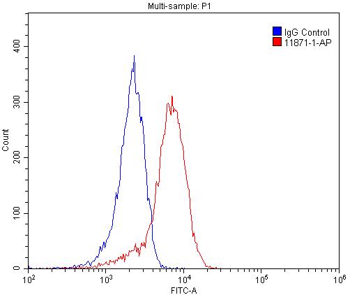 1X10^6 Jurkat cells were stained with 0.2ug SH2D1B antibody (Catalog No:115179, red) and control antibody (blue). Fixed with 4% PFA blocked with 3% BSA (30 min). Alexa Fluor 488-congugated AffiniPure Goat Anti-Rabbit IgG(H+L) with dilution 1:1500.