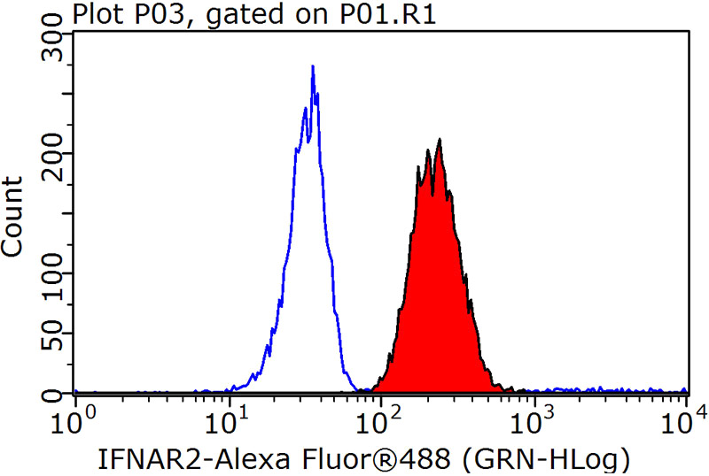 1X10^6 Raji cells were stained with 0.2ug IFNAR2 antibody (Catalog No:111627, red) and control antibody (blue). Fixed with 90% MeOH blocked with 3% BSA (30 min). Alexa Fluor 488-congugated AffiniPure Goat Anti-Rabbit IgG(H+L) with dilution 1:1000.
