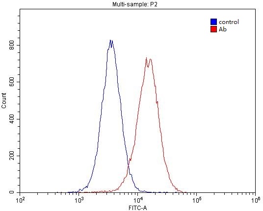 1X10^6 HepG2 cells were stained with 0.2ug GSNOR,ADH5 antibody (Catalog No:111173, red) and control antibody (blue). Fixed with 4% PFA blocked with 3% BSA (30 min). Alexa Fluor 488-congugated AffiniPure Goat Anti-Rabbit IgG(H+L) with dilution 1:1500.