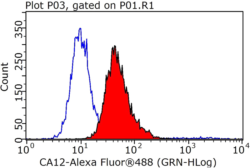 1X10^6 HEK-293 cells were stained with 0.2ug CA12 antibody (Catalog No:108744, red) and control antibody (blue). Fixed with 90% MeOH blocked with 3% BSA (30 min). Alexa Fluor 488-congugated AffiniPure Goat Anti-Rabbit IgG(H+L) with dilution 1:1000.
