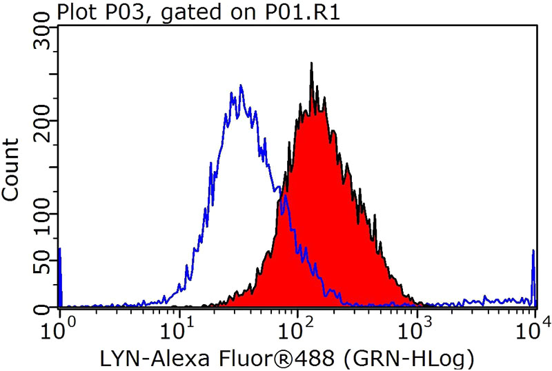 1X10^6 Jurkat cells were stained with 0.2ug LYN antibody (Catalog No:112407, red) and control antibody (blue). Fixed with 90% MeOH blocked with 3% BSA (30 min). Alexa Fluor 488-congugated AffiniPure Goat Anti-Rabbit IgG(H+L) with dilution 1:1000.