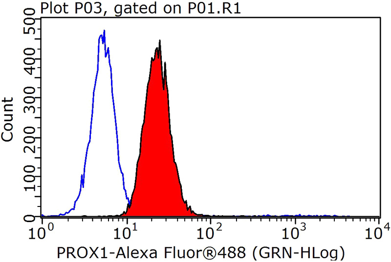 1X10^6 HepG2 cells were stained with 0.2ug PROX1 antibody (Catalog No:114224, red) and control antibody (blue). Fixed with 90% MeOH blocked with 3% BSA (30 min). Alexa Fluor 488-congugated AffiniPure Goat Anti-Rabbit IgG(H+L) with dilution 1:1000.