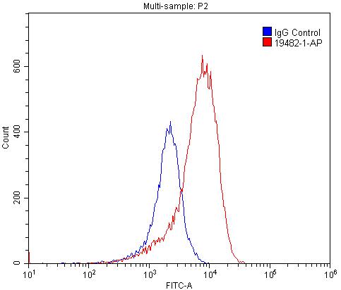1X10^6 PC-3 cells were stained with 0.2ug TRPC1 antibody (Catalog No:116405, red) and control antibody (blue). Fixed with 4% PFA blocked with 3% BSA (30 min). Alexa Fluor 488-congugated AffiniPure Goat Anti-Rabbit IgG(H+L) with dilution 1:1500.