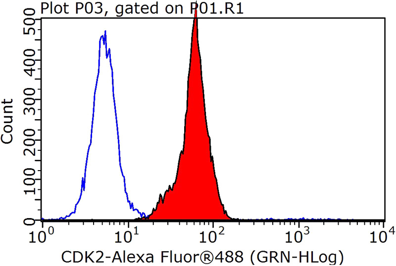1X10^6 HepG2 cells were stained with 0.2ug CDK2 antibody (Catalog No:109158, red) and control antibody (blue). Fixed with 90% MeOH blocked with 3% BSA (30 min). Alexa Fluor 488-congugated AffiniPure Goat Anti-Rabbit IgG(H+L) with dilution 1:1000.