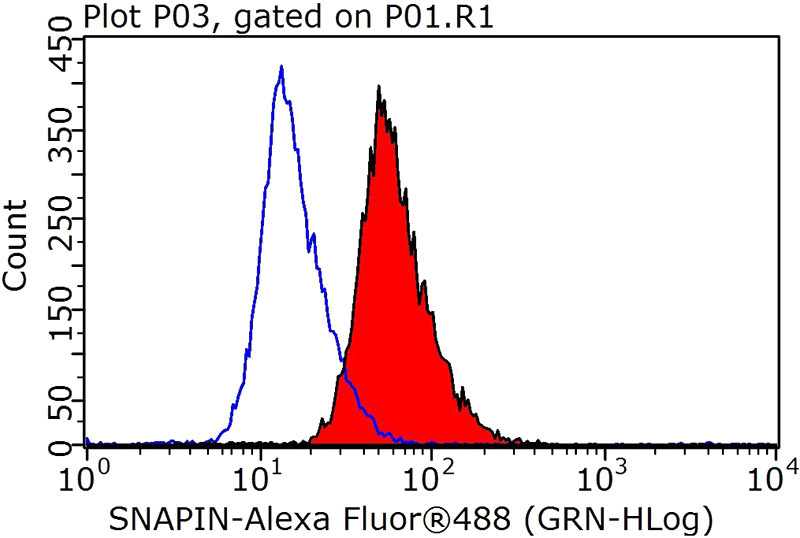1X10^6 HepG2 cells were stained with 0.2ug SNAPIN antibody (Catalog No:115449, red) and control antibody (blue). Fixed with 90% MeOH blocked with 3% BSA (30 min). Alexa Fluor 488-congugated AffiniPure Goat Anti-Rabbit IgG(H+L) with dilution 1:1000.