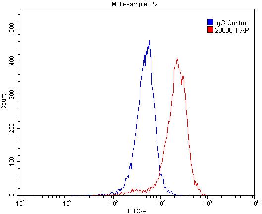 1X10^6 A549 cells were stained with 0.2ug TGFBR3-Specific antibody (Catalog No:116024, red) and control antibody (blue). Fixed with 4% PFA blocked with 3% BSA (30 min). Alexa Fluor 488-congugated AffiniPure Goat Anti-Rabbit IgG(H+L) with dilution 1:1500.