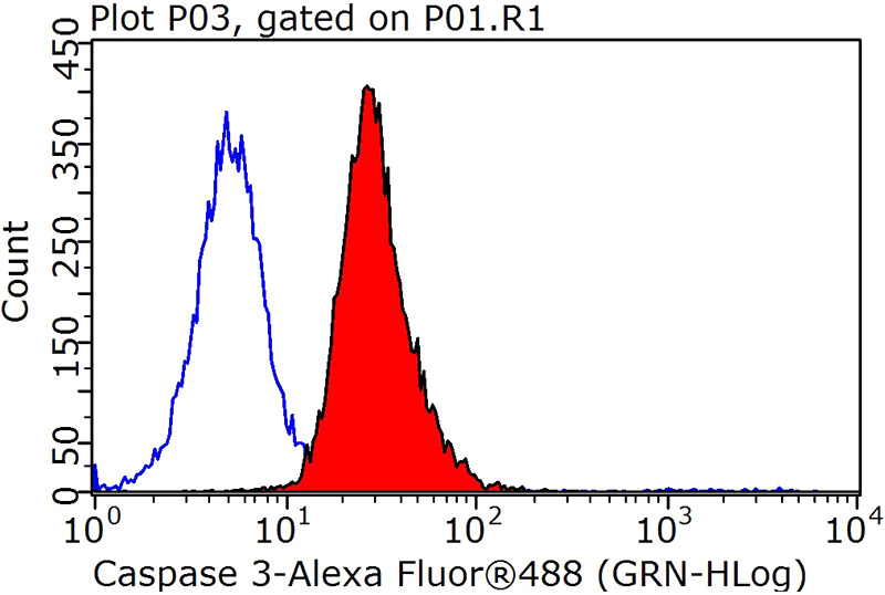 1X10^6 HeLa cells were stained with 0.2ug Caspase 3 antibody (Catalog No:108875, red) and control antibody (blue). Fixed with 90% MeOH blocked with 3% BSA (30 min). Alexa Fluor 488-congugated AffiniPure Goat Anti-Rabbit IgG(H+L) with dilution 1:1000.