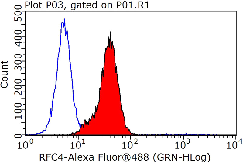 1X10^6 HepG2 cells were stained with 0.2ug RFC4 antibody (Catalog No:114625, red) and control antibody (blue). Fixed with 90% MeOH blocked with 3% BSA (30 min). Alexa Fluor 488-congugated AffiniPure Goat Anti-Rabbit IgG(H+L) with dilution 1:1000.