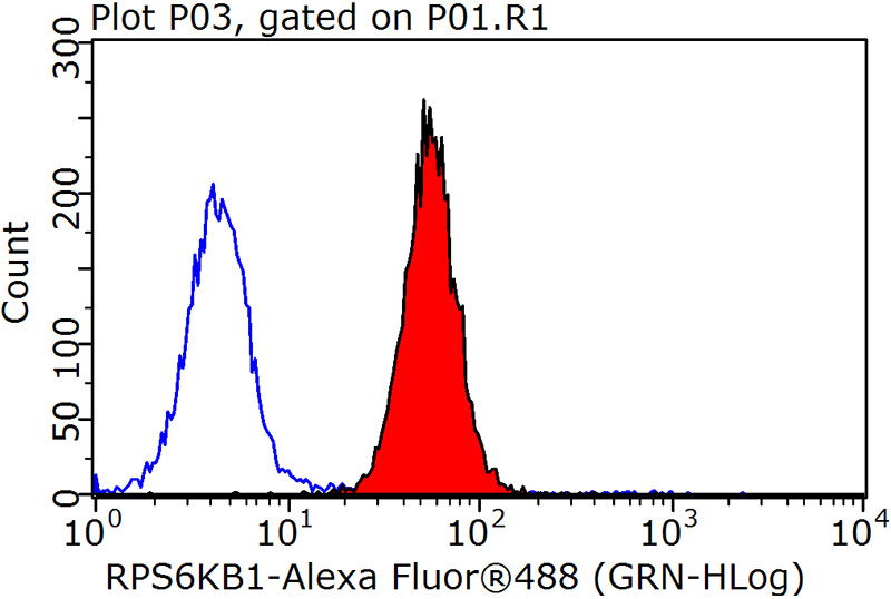 1X10^6 HepG2 cells were stained with 0.2ug p70(S6K) antibody (Catalog No:113560, red) and control antibody (blue). Fixed with 90% MeOH blocked with 3% BSA (30 min). Alexa Fluor 488-congugated AffiniPure Goat Anti-Rabbit IgG(H+L) with dilution 1:1500.