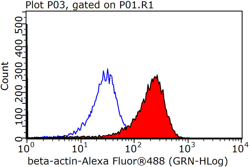 1X10^6 HepG2 cells were stained with 0.2ug beta actin antibody (Catalog No:117304, red) and control antibody (blue). Fixed with 90% MeOH blocked with 3% BSA (30 min). Alexa Fluor 488-congugated AffiniPure Goat Anti-Mouse IgG(H+L) with dilution 1:1000.