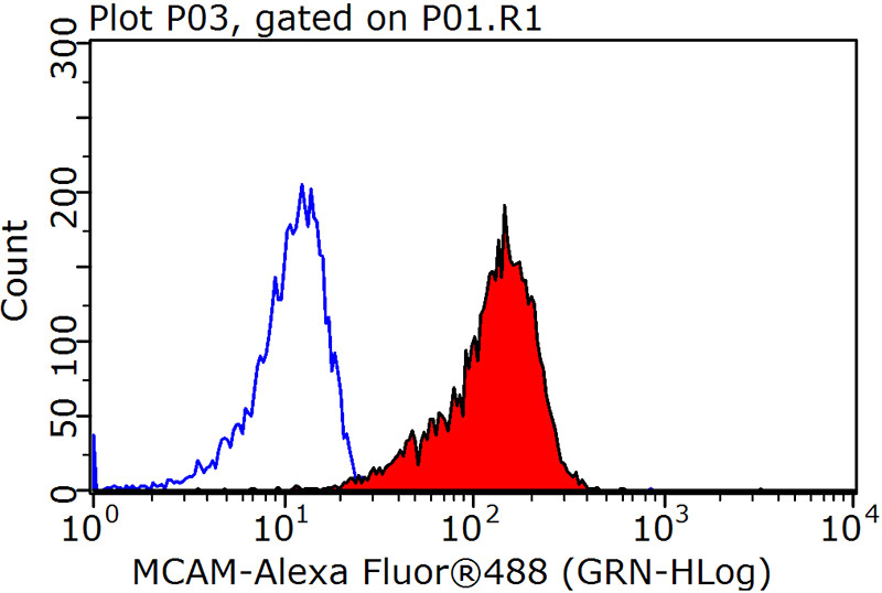 1X10^6 HeLa cells were stained with 0.2ug CD146, MCAM antibody (Catalog No:107045, red) and control antibody (blue). Fixed with 90% MeOH blocked with 3% BSA (30 min). Alexa Fluor 488-congugated AffiniPure Goat Anti-Mouse IgG(H+L) with dilution 1:100.