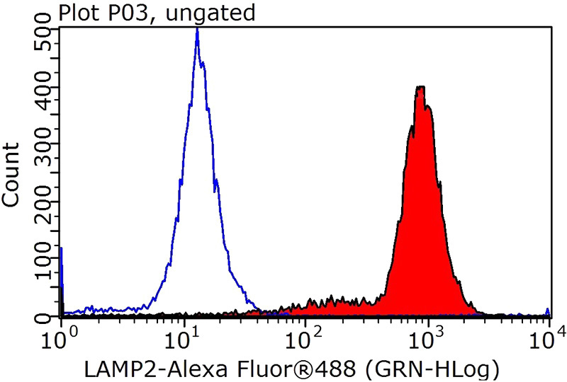 1X10^6 HepG2 cells were stained with .2ug LAMP2 antibody (Catalog No:112277, red) and control antibody (blue). Fixed with 90% MeOH blocked with 3% BSA (30 min). Alexa Fluor 488-congugated AffiniPure Goat Anti-Rabbit IgG(H+L) with dilution 1:1000.