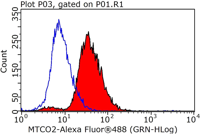 1X10^6 HeLa cells were stained with 0.2ug COX2 antibody (Catalog No:112767, red) and control antibody (blue). Fixed with 90% MeOH blocked with 3% BSA (30 min). Alexa Fluor 488-congugated AffiniPure Goat Anti-Rabbit IgG(H+L) with dilution 1:1000.