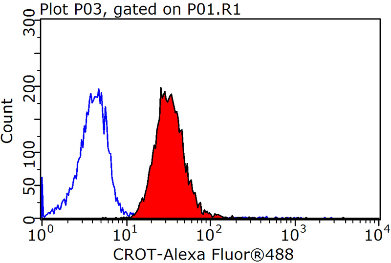 1X10^6 HepG2 cells were stained with 0.2ug CROT antibody (Catalog No:109577, red) and control antibody (blue). Fixed with 90% MeOH blocked with 3% BSA (30 min). Alexa Fluor 488-congugated AffiniPure Goat Anti-Rabbit IgG(H+L) with dilution 1:1500.