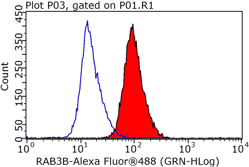 1X10^6 HepG2 cells were stained with 0.2ug RAB3B antibody (Catalog No:114441, red) and control antibody (blue). Fixed with 90% MeOH blocked with 3% BSA (30 min). Alexa Fluor 488-congugated AffiniPure Goat Anti-Rabbit IgG(H+L) with dilution 1:1000.