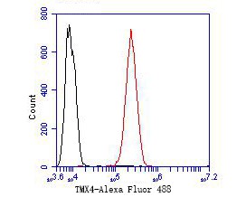 Fig6:; Flow cytometric analysis of TMX4 was done on SH-SY5Y cells. The cells were fixed, permeabilized and stained with the primary antibody ( 1/50) (red). After incubation of the primary antibody at room temperature for an hour, the cells were stained with a Alexa Fluor 488-conjugated Goat anti-Rabbit IgG Secondary antibody at 1/1000 dilution for 30 minutes.Unlabelled sample was used as a control (cells without incubation with primary antibody; black).