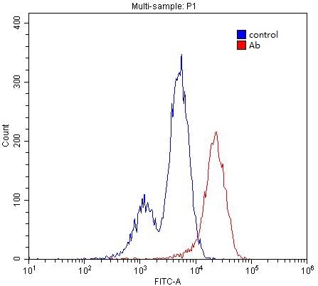 1X10^6 Jurkat cells were stained with 0.2ug Bcl-xL antibody (Catalog No:117105, red) and control antibody (blue). Fixed with 4% PFA blocked with 3% BSA (30 min). Alexa Fluor 488-congugated AffiniPure Goat Anti-Rabbit IgG(H+L) with dilution 1:1500.