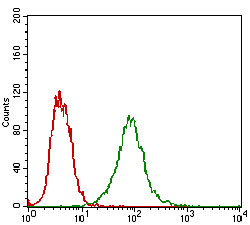 Flow cytometric analysis of A431 cells using EPCAM mouse mAb (green) and negative control (red).