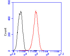 Fig2:; Flow cytometric analysis of Trem2 was done on THP-1 cells. The cells were fixed, permeabilized and stained with the primary antibody ( 1/50) (red). After incubation of the primary antibody at room temperature for an hour, the cells were stained with a Alexa Fluor 488-conjugated Goat anti-Rabbit IgG Secondary antibody at 1/1000 dilution for 30 minutes.Unlabelled sample was used as a control (cells without incubation with primary antibody; black).