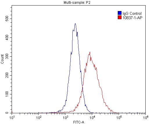 1X10^6 MCF-7 cells were stained with 0.2ug OPTN antibody (Catalog No:113415, red) and control antibody (blue). Fixed with 4% PFA blocked with 3% BSA (30 min). Alexa Fluor 488-congugated AffiniPure Goat Anti-Rabbit IgG(H+L) with dilution 1:1500.