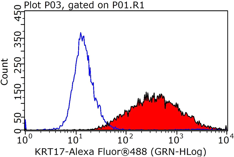 1X10^6 HeLa cells were stained with 0.2ug KRT17-Specific antibody (Catalog No:109798, red) and control antibody (blue). Fixed with 90% MeOH blocked with 3% BSA (30 min). Alexa Fluor 488-congugated AffiniPure Goat Anti-Rabbit IgG(H+L) with dilution 1:1000.