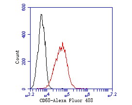 Fig6:; Flow cytometric analysis of CD68 was done on THP-1 cells. The cells were fixed, permeabilized and stained with the primary antibody ( 1/50) (red). After incubation of the primary antibody at room temperature for an hour, the cells were stained with a Alexa Fluor 488-conjugated Goat anti-Mouse IgG Secondary antibody at 1/1000 dilution for 30 minutes.Unlabelled sample was used as a control (cells without incubation with primary antibody; black).
