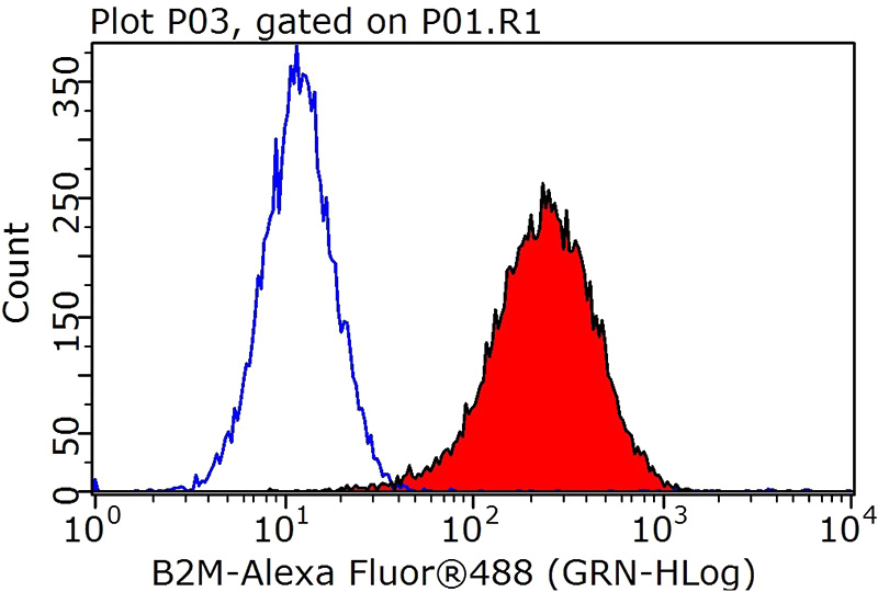 1X10^6 HeLa cells were stained with 0.2ug B2M antibody (Catalog No:117131, red) and control antibody (blue). Fixed with 4% PFA blocked with 3% BSA (30 min). Alexa Fluor 488-congugated AffiniPure Goat Anti-Rabbit IgG(H+L) with dilution 1:1000.
