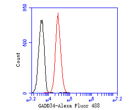 Fig3:; Flow cytometric analysis of GADD34 was done on K562 cells. The cells were fixed, permeabilized and stained with the primary antibody ( 1/50) (red). After incubation of the primary antibody at room temperature for an hour, the cells were stained with a Alexa Fluor 488-conjugated Goat anti-Mouse IgG Secondary antibody at 1/1000 dilution for 30 minutes.Unlabelled sample was used as a control (cells without incubation with primary antibody; black).