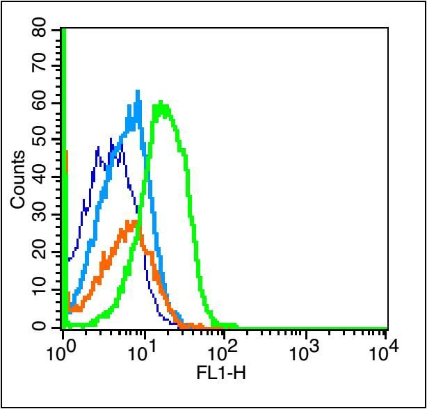 Fig1: Blank control (Black line): Raji (Black).; Primary Antibody (green line): Rabbit Anti-IL-13Ra2 antibody ; Dilution: 1μg /10^6 cells;; Isotype Control Antibody (orange line): Rabbit IgG .; Secondary Antibody (white blue line): Goat anti-rabbit IgG-PE; Dilution: 1μg /test.; Protocol; The cells were fixed with 4% PFA （10min）and then permeabilized with 0.1% PBS-Tween for 20 min at room temperature. Cells stained with Primary Antibody for 30 min at room temperature. The cells were then incubated in 1 X PBS/2%BSA/10% goat serum to block non-specific protein-protein interactions followed by the antibody for 15 min at room temperature. The secondary antibody used for 40 min at room temperature. Acquisition of 20,000 events was performed.