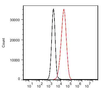 Flow cytometric analysis of Jurkat T cells (black) and Ramos B cells (red), using anti-CD19 mouse mAb.