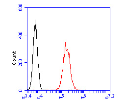 Fig5:; Flow cytometric analysis of GADD34 was done on K562 cells. The cells were fixed, permeabilized and stained with the primary antibody ( 1/50) (red). After incubation of the primary antibody at room temperature for an hour, the cells were stained with a Alexa Fluor 488-conjugated Goat anti-Rabbit IgG Secondary antibody at 1/1000 dilution for 30 minutes.Unlabelled sample was used as a control (cells without incubation with primary antibody; black).