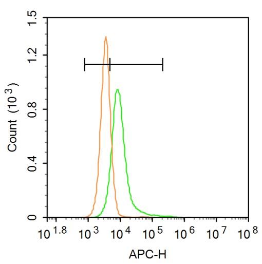 Fig2: Blank control: A431.; Primary Antibody (green line): Rabbit Anti-EMP-1 antibody ; Dilution: 3μg /10^6 cells;; Isotype Control Antibody (orange line): Rabbit IgG .; Secondary Antibody: Goat anti-rabbit IgG-AF647; Dilution: 3μg /test.; Protocol; The cells were incubated in 5%BSA to block non-specific protein-protein interactions for 30 min at at room temperature .Cells stained with Primary Antibody for 30 min at room temperature. The secondary antibody used for 40 min at room temperature. Acquisition of 20,000 events was performed.