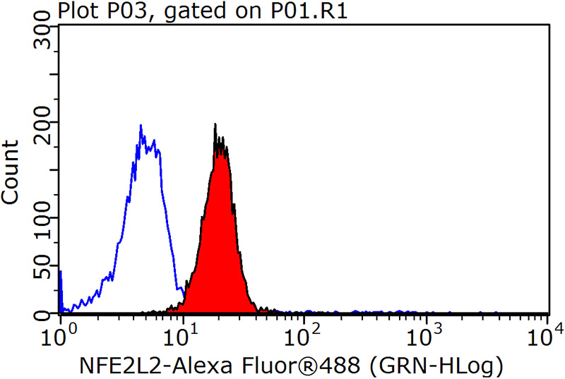 1X10^6 MCF-7 cells were stained with 0.2ug NRF2, NFE2L2 antibody (Catalog No:113277, red) and control antibody (blue). Fixed with 90% MeOH blocked with 3% BSA (30 min). Alexa Fluor 488-congugated AffiniPure Goat Anti-Rabbit IgG(H+L) with dilution 1:1500.