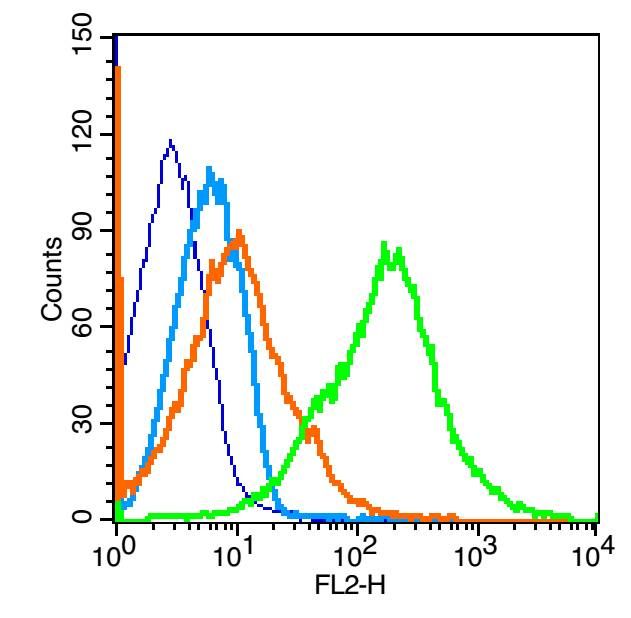 Fig1: Blank control: Mouse spleen (blue).; Primary Antibody:Rabbit Anti-UCP-1 antibody , Dilution: 1μg in 100 μL 1X PBS containing 0.5% BSA;; Isotype Control Antibody: Rabbit IgG(orange) ,used under the same conditions );; Secondary Antibody: Goat anti-rabbit IgG-PE(white blue), Dilution: 1:200 in 1 X PBS containing 0.5% BSA.; Protocol; The cells were fixed with 2% paraformaldehyde (10 min) , then permeabilized with 90% ice-cold methanol for 30 min on ice. Primary antibody ( 1μg /1x10^6 cells) were incubated for 30 min on the ice, followed by 1 X PBS containing 0.5% BSA + 10% goat serum (15 min) to block non-specific protein-protein interactions. Then the Goat Anti-rabbit IgG/PE antibody was added into the blocking buffer mentioned above to react with the primary antibody at 1/200 dilution for 30 min on ice. Acquisition of 20,000 events was performed.