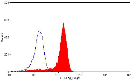 1X10^6 HEK-293 cells were stained with 0.2ug PEX5 antibody (Catalog No:113730, red) and control antibody (blue). Fixed with 4% PFA blocked with 3% BSA (30 min). Alexa Fluor 488-congugated AffiniPure Goat Anti-Rabbit IgG(H+L) with dilution 1:1500.