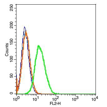 Fig1: Blank control: Raji(blue).; Primary Antibody:Rabbit Anti- CD45 antibody , Dilution: 1μg in 100 1μL 1X PBS containing 0.5% BSA;; Isotype Control Antibody: Rabbit IgG(orange) ,used under the same conditions );; Secondary Antibody: Goat anti-rabbit IgG-PE(white blue), Dilution: 1:200 in 1 X PBS containing 0.5% BSA.