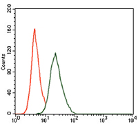 Flow cytometric analysis of NIH3T3 cells using RUNX3 mouse mAb (green) and negative control (red).
